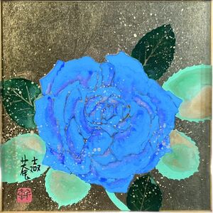 真作■日本画■宮本幹太■『青薔薇』■双吉庵■金箔■現代作家・現代アート■裏板に本人サイン■額付絵画　1ｄ