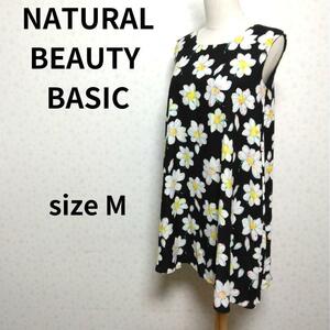 NATURAL BEAUTY BASIC フラワー柄 ひざ丈 ノースリーブワンピース 膝丈 花柄 Uネック レディース