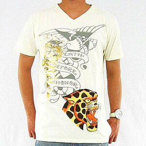 ED Hardy エドハーディー　メンズ　Vネック　レオパードTシャツ ホワイト　Mサイズ　ed-9