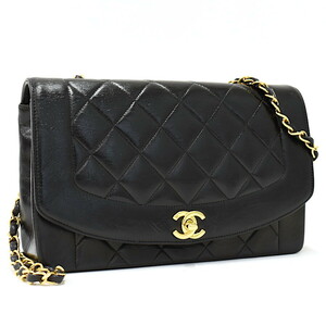 1円 ◎美品 CHANEL シャネル チェーンショルダーバッグ ダイアナフラップ マトラッセ ココマーク レザー ブラック◎E.Dseu.tI-21