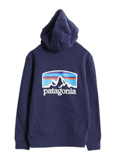 22年製 パタゴニア 両面 プリント スウェット フード パーカー メンズ XS レディース S 古着 Patagonia ストレッチ プルオーバー 裏起毛 紺