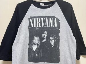 NIRVANAニルバーナ七分袖ラグランTシャツ Lコピーライト古着バンド Tグランジ