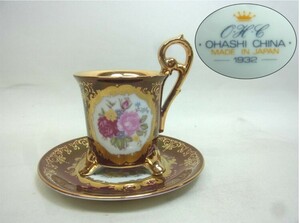 ★大橋陶器 デミタスカップ&ソーサー 金彩 臙脂 猫足 花柄 OHASHI CHINA 洋食器 磁器 ボーンチャイナ コーヒーカップ ビンテージ 現状 60