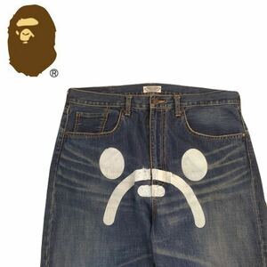 極美品 名作 A BATHING APE BABY MILO ビンテージ加工 デニムパンツ ジーンズ ジーパン メンズL アベイシングエイプ マイロ 日本製 240698