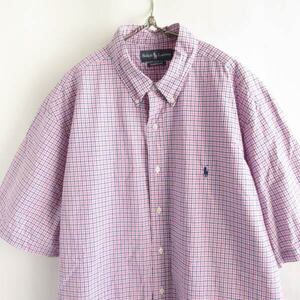 美品 90s ラルフローレン CLASSIC FIT ボタンダウン チェック柄 半袖シャツ XXL 紺白ピンク系 ビッグシルエット 2XL D147-04-0024XV