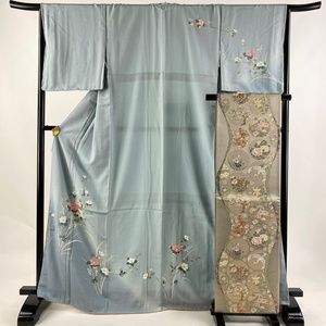 付下げ 身丈168cm 裄丈66cm M 袷 袋帯セット 草花 水色 正絹 秀品 【中古】