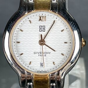 美品 GIVENCHY ジバンシイ 7.182.0.0.80 腕時計 アナログ クオーツ 3針 カレンダー ホワイト文字盤 メタルバンド シルバー ゴールド