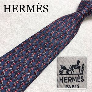 ■美品■HERMES エルメス　ネクタイ　錨　イカリ　ロープ　総柄　シルク100% フランス製　ブルー×レッド×グレー　ビジネス