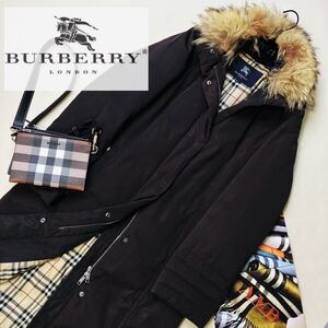 s1【ロング高級ダウン90%】参考価格20万●BURBERRY LONDON●総裏ノバチェック〜高級ファーダウンコート バーバリーコート レディース M