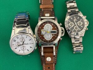 Fossil,D&G などメンズクォーツクロノグラフ腕時計3点まとめジャンク品管理番号10-A382