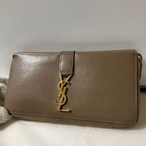 【美品】SAINT LAURENT サンローラン 長財布 ラウンドファスナー レザー YSLロゴ ピンクベージュ系 シリアルあり