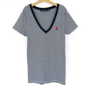 ラルフローレン 半袖Tシャツ Vネック ボーダー コットン トップス レディース S 160/84Aサイズ ネイビー RALPH LAUREN