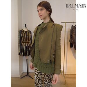 国内正規品 秋冬 BALMAIN（バルマン）ミリタリー ライダース ジャケットブルゾン / カーキ サイズ34（レディース）定価30万円