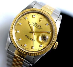 【ROLEX】ロレックス　デイトジャスト SS/YG 10P ダイヤ 16233 シャンパン　文字版　X番　メンズ　自動巻き　腕時計