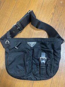 1円 超美品 PRADA プラダ ボディーバック ウエストポーチ 三角ロゴ ナイロン ブラック 1242-1