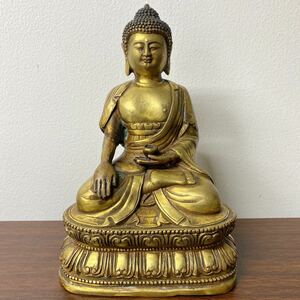 仏像 金銅仏 釈迦如来坐像 銅塗 仏教美術 高さ約18.5cm
