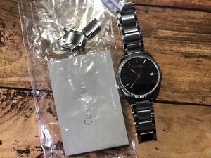 美品程度 付属品有 Calvin Klein カルバンクライン SWISS MADE デイト K5R 31B スリム ストライプ ブラック系 クオーツ メンズ 腕時計