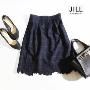 美品 JILL by JILLSTUART ジルスチュアート 秋 冬 可愛い 刺繍 フラワー チェック柄 スカート S ネイビー 紺 グレージュ グレー 女の子