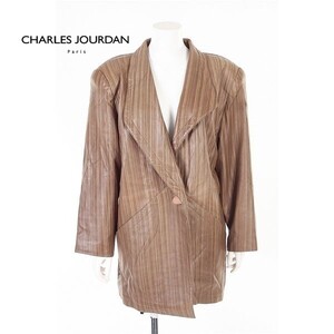 A5564/ビンテージ 秋冬 CHARLES JOURDAN シャルル ジョルダン 本革 羊革 ラムレザー ストライプ ハーフコート ジャケット 38 茶/レディース