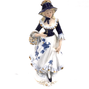 ドマン 置物 女性 花籠 陶器人形 高さ約34cm フィギュリン インテリア オブジェ Demain 現状品 QX062-2