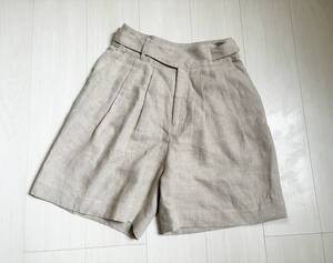 美品 Curensology カレンソロジー パンツ ショート ハーフ リネン 麻 ツータック ベージュ グルカ ワイド 38 linen pants レディース △6