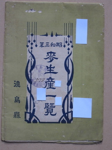 昭和３年 統計表 『 徳島県 麦生産一覧 』 計１点 １枚刷 両面印刷 徳島県庁刊 市町村別麦生産高 累年比較など