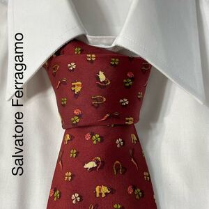 Salvatore Ferragamo サルヴァトーレフェラガモ パターン柄 シルク ネクタイ イタリア製 エンジ TG344