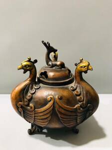 【吉】仏教聖品 古銅純度の高い金高レリーフ彫刻 鶴瓶燻香炉 極珍 極美sz0301