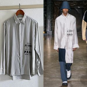 期間限定値下げ【JIL SANDER 19aw ロゴ プリント オーバーサイズ ストライプ レーヨンシャツ】メンズ 長袖 ルーシールーク 定価12.5万 美品