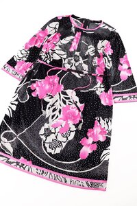 ☆美品☆LEONARDレオナール/カンカン素材ベルト付ドット花柄ワンピース：42/黒白桃xy283