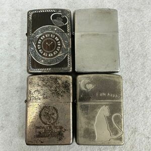 K870-O47-158 ZIPPO ジッポー ライター 4個セット STERLING シルバー/猫 ねこ/Antique 時計柄 他 ジッポ オイルライター まとめ ⑩