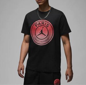 国内未発売品☆NIKE PSG ｘ JORDAN 2024モデル ワードマーク半袖Tシャツ ブラックxレッド Lサイズ タグ付新品☆パリサンジェルマン ナイキ