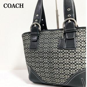 美品　コーチ　COACH　ハンドバッグ　ミニシグネチャー　キャンバス　レザー切替え　グレーブラック