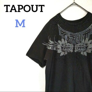 TAPOUT タップアウト ラインストーンロゴTシャツ アメカジ USA古着 格闘技 ブラック アメリカンヴィンテージ フロッキー ダメージ加工 