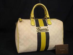 1円 GUCCI グッチ 189895 GGスプリーム ジョイライン PVC×レザー ハンドバッグ ミニボストンバッグ トート イエロー系 FE6486