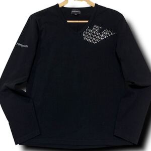 美品● EMPORIO ARMANI エンポリオアルマーニ 長袖 Tシャツ イーグルロゴ ラインストーン ロゴプリント 黒 ブラック Mサイズ