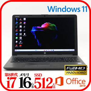 ★HP250④★第8世代i7-8565U★SSD512GB★メモリ16GB★フルHD★Webカメラ★バッテリ良★Win11★Office★Bluetooth★1009