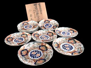 【雲】某資産家委託品 古伊万里 色絵金彩鶴松竹梅絵付輪花皿 10客 直径25cm 箱付 古美術品(懐石料理道具)Y3851 OTDhjbfdml