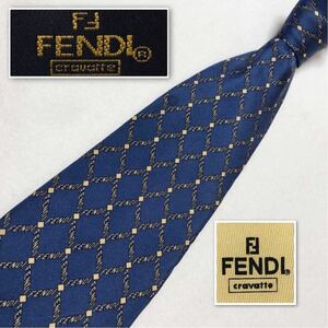 FENDI フェンディ　ネクタイ　ロゴ　格子　総柄　シルク100% イタリア製　ブルー系　ビジネス