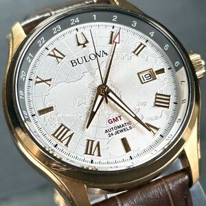 美品 BLOVA ブローバ メカニカル クラシック Classic 97B210 腕時計 自動巻き アナログ カレンダー 世界地図 GMT ゴールド 動作確認済み