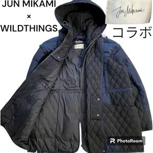 2021aw WILD THINGS×JUNMIKAMI ジュンミカミ × ワイルドシングス フーデッド ダウンコート キルティング ネイビー ダウンベスト 2WAY