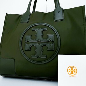 1円■未使用級■入手困難色 Tory Burch トリーバーチ キャンバス エラロゴ トートバッグ ビジネス 大容量A4 レディース レザー カーキ