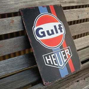 【ブリキ看板】ガルフ ホイヤー Gulf HEUER レトロ風 インテリア 店舗 カフェ 壁飾り ガレージ 20cm×30㎝（送料無料！）