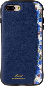 Natural design iPhone 8PLUS 7PLUS（5.5インチ）ケース FLAMINGO Fleur ネイビーNavy 衝撃吸収背面 PUレザー カードポケット