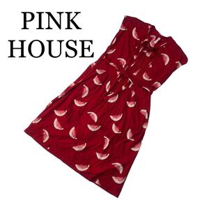 PINK HOUSE ピンクハウス ワンピース ノースリーブ 赤 スイカ柄 フルーツ柄 リボン ミディ〜ミモレ丈