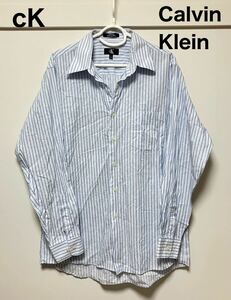 カルバンクライン　ストライプシャツ　シャツ　Ｌ　青　白　CalvinKlein 長袖シャツ メンズ　長袖 ストライプ CK