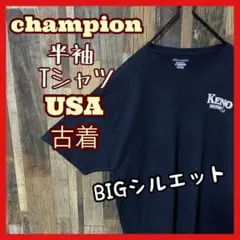 チャンピオン メンズ ロゴ プリント 2XL ネイビー 古着 半袖 Tシャツ