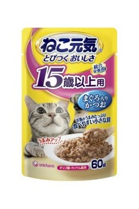 （まとめ買い）ねこ元気 総合栄養食 パウチ 15歳以上用 まぐろ入りかつお 60g 猫用 キャットフード 〔×60〕