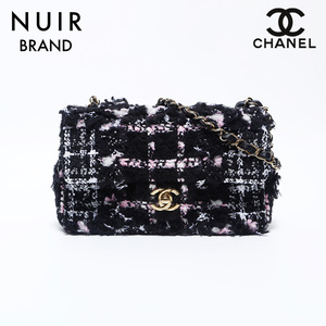 シャネル CHANEL ショルダーバッグ ツイード 20cm ミニマトラッセ チェーン プレート フラップ ブラック