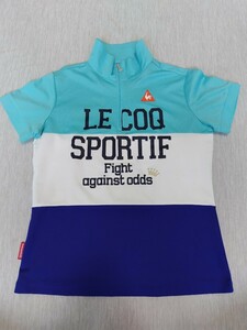 ☆美品☆【le coq sportif】ルコック 半袖 Tシャツ サイズL 水色×白×紺色 ハーフジップ モックネック ゴルフウェア GOLF スポーツ シャツ